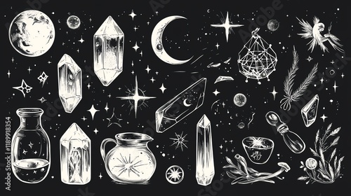 A sketchy vector set of witch symbols like crystals, potions, and moon phases, perfect for creating a mystical and magical aesthetic in textiles, cards, or tattoos