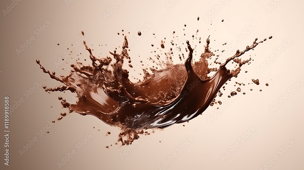 Chocolate Liquid Splashing Dynamically Against Beige Background Chocolate Liquid Splashing Dynamically Against Beige Background