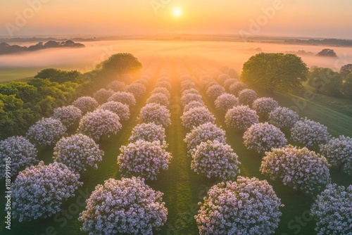 Aerial View of Misty Sunrise Over Blooming Orchard Fields in a Serene Landscape photo