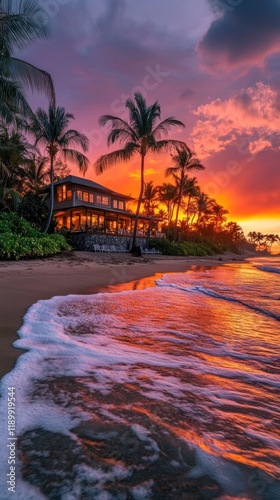 Breathtaking sunset view of a luxurious tropical beach resort with palm trees crashing ocean waves and vibrant colorful sky  A serene and idyllic vacation destination for relaxation and adventure