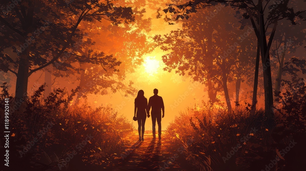 Fototapeta premium Couple walking hand-in-hand into a sunset forest.