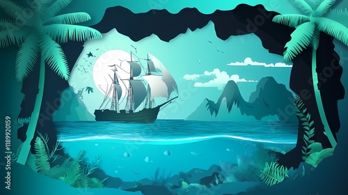 Enchanted Seascape with Vintage Ship Silhouette Sailoring Through a Tropical Cove Surrounded by Lush Foliage and Majestic Mountain Peaks