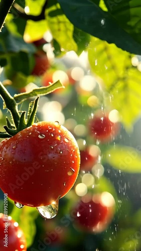 Fresh red tomato glistening with water droplets in a garden during a sunny afternoon