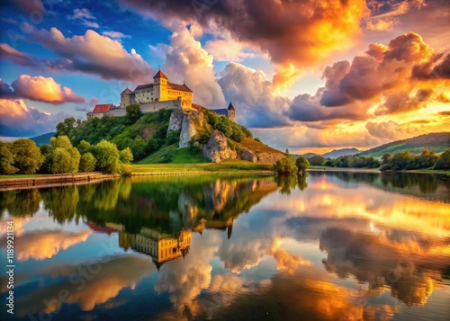Urban Exploration Photography: Fortress River Reflection Cloudy Sky - Vertical