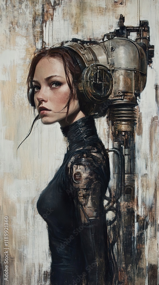 Fototapeta premium Mysterious Woman with Futuristic Machine