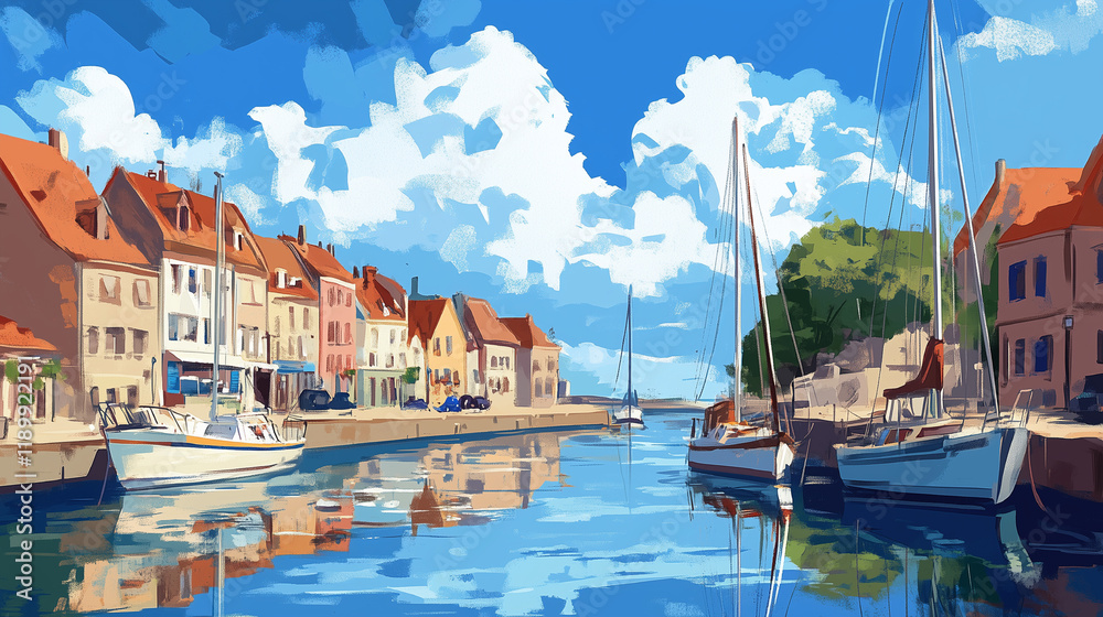 ヨーロッパの港町と青空の風景|赤い屋根の家々とヨットが並ぶ静かな夏の日|デジタルイラスト ヨーロッパの港町と青空の風景|赤い屋根の家々とヨットが並ぶ静かな夏の日|デジタルイラスト