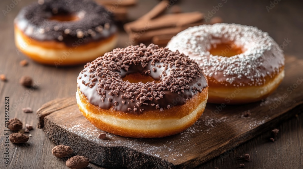 Chocolate donut on wooden board Chocolate donut on wooden board