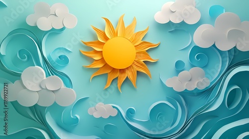 Vibrant Paper Craft Artwork Featuring a Bright Sun Surrounded by Soft Clouds and Flowing Waves in a Serene Blue Sky Background