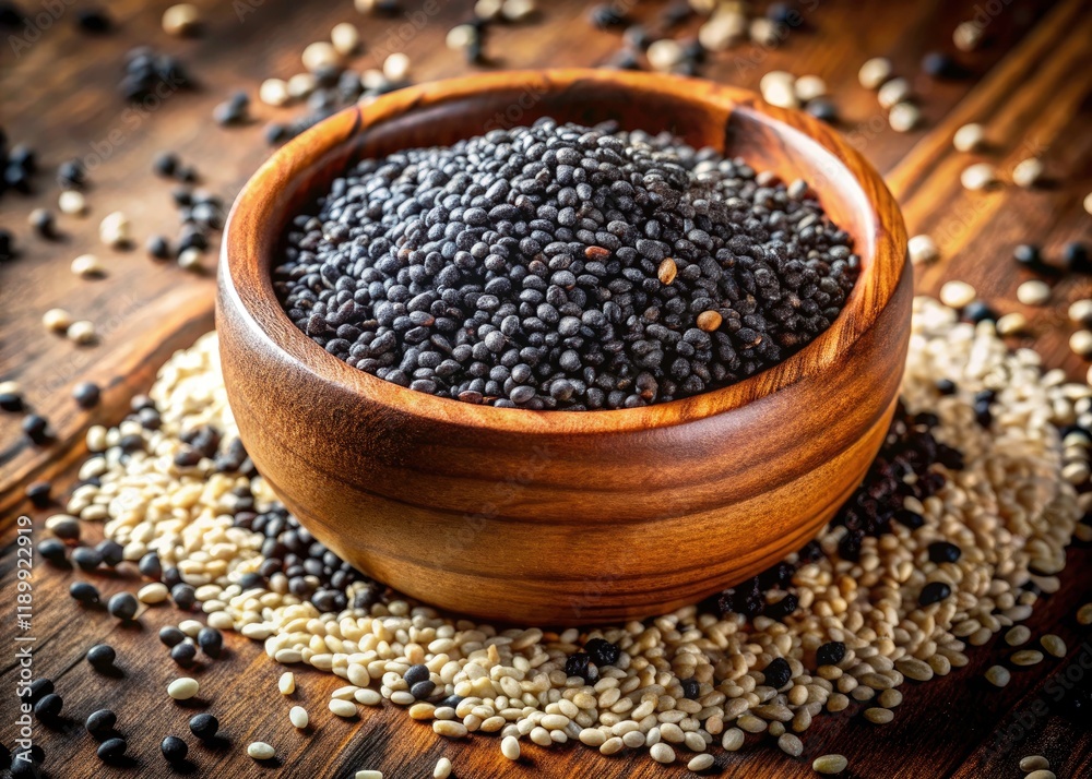 Aerial View Black and White Sesame Seeds Bowl - High-Resolution Food Photography Aerial View Black and White Sesame Seeds Bowl - High-Resolution Food Photography