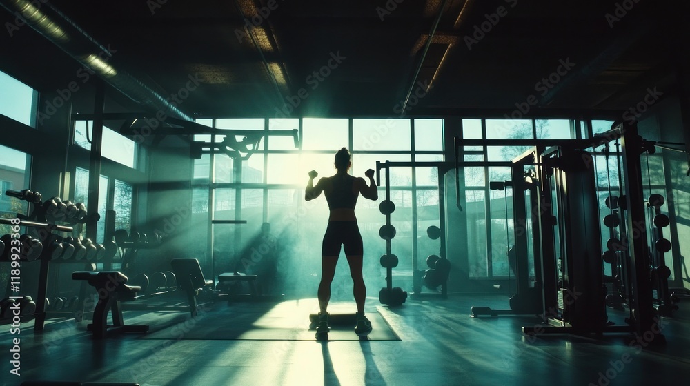 Fototapeta premium Woman lifting weights in gym, backlit by sunrise.