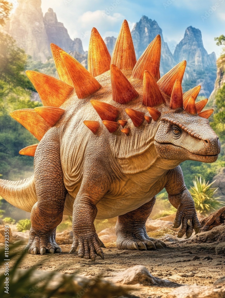 Fototapeta premium Majestic Dinosaur Roaming in a Lush Prehistoric Landscape Under a Vibrant Sky