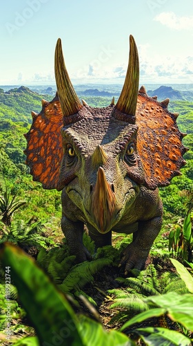 Triceratops Roaming Through a Lush, Vibrant Jungle Landscape photo