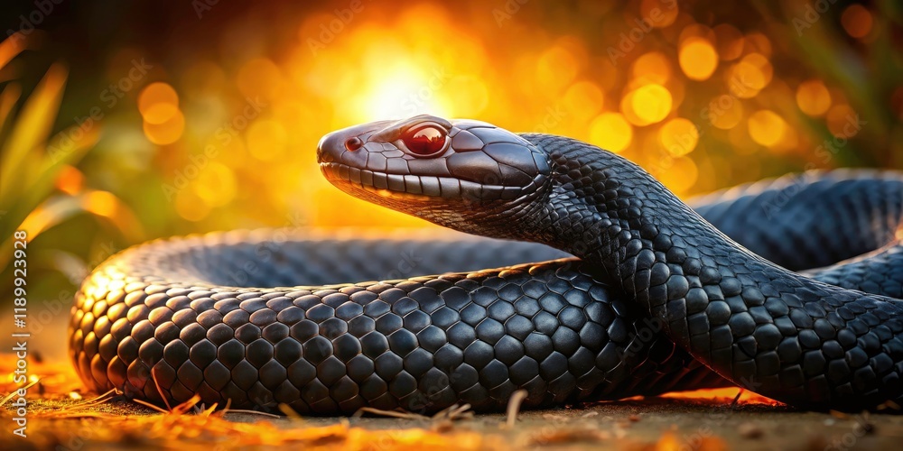 Obraz premium Black Snake Close Up, Coiled Reptile, Scaled Skin, Warm Evening Light, Wildlife Photography, Nature Image