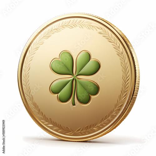 A gold coin with a four-leaf clover in the center, symbolic of luck and fortune.
