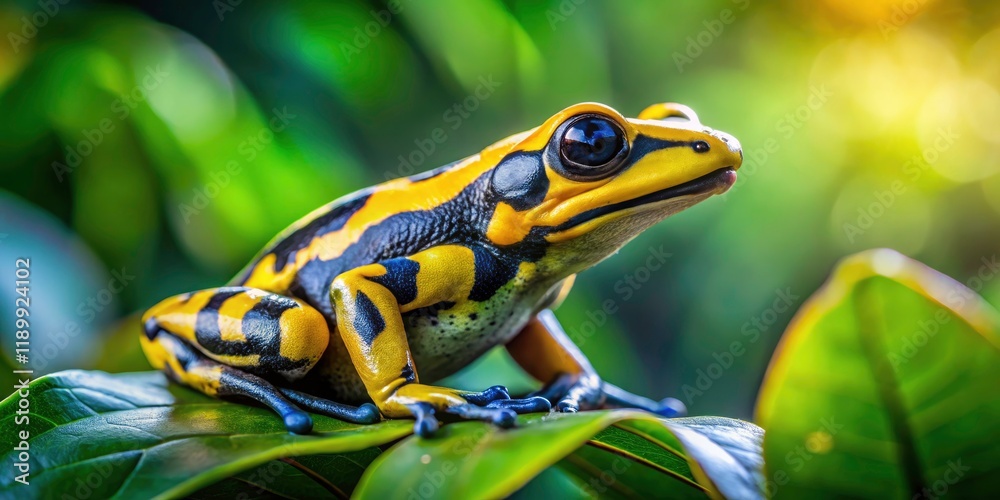 Fototapeta premium Yellow Banded Poison Dart Frog Bokeh Photography: Macro Shot, Rainforest, Amphibian, Wildlife, Nature, Closeup