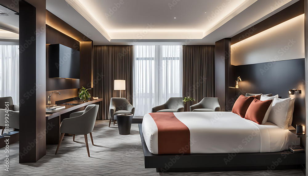 Fototapeta premium sleek hotel room with modern furniture and a deluxe bed