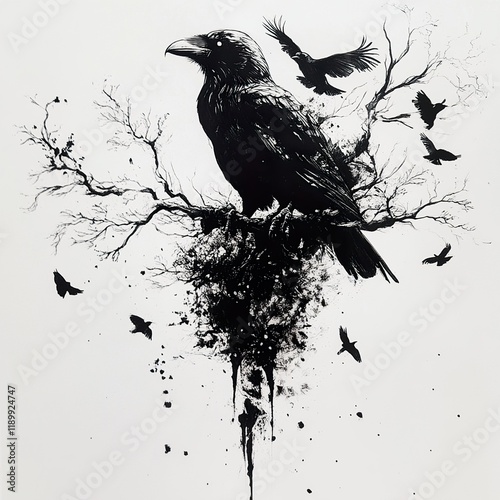 Raven in a Dark Tree: Gothic Bird Ink Art photo