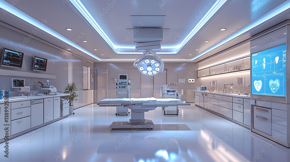 Obraz premium An empty but fully equipped surgery room awaits a procedure. Cool lighting and high-tech surgical tools emphasize precision, care, and health care advancement.