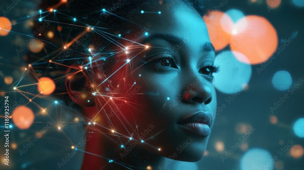 Woman's face overlaid with a network of connections, representing artificial intelligence, technology, and innovation. Woman's face overlaid with a network of connections, representing artificial intelligence, technology, and innovation.
