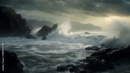 Dramatic Coastal Scene With Powerful Ocean Waves Crashing Against Rocks