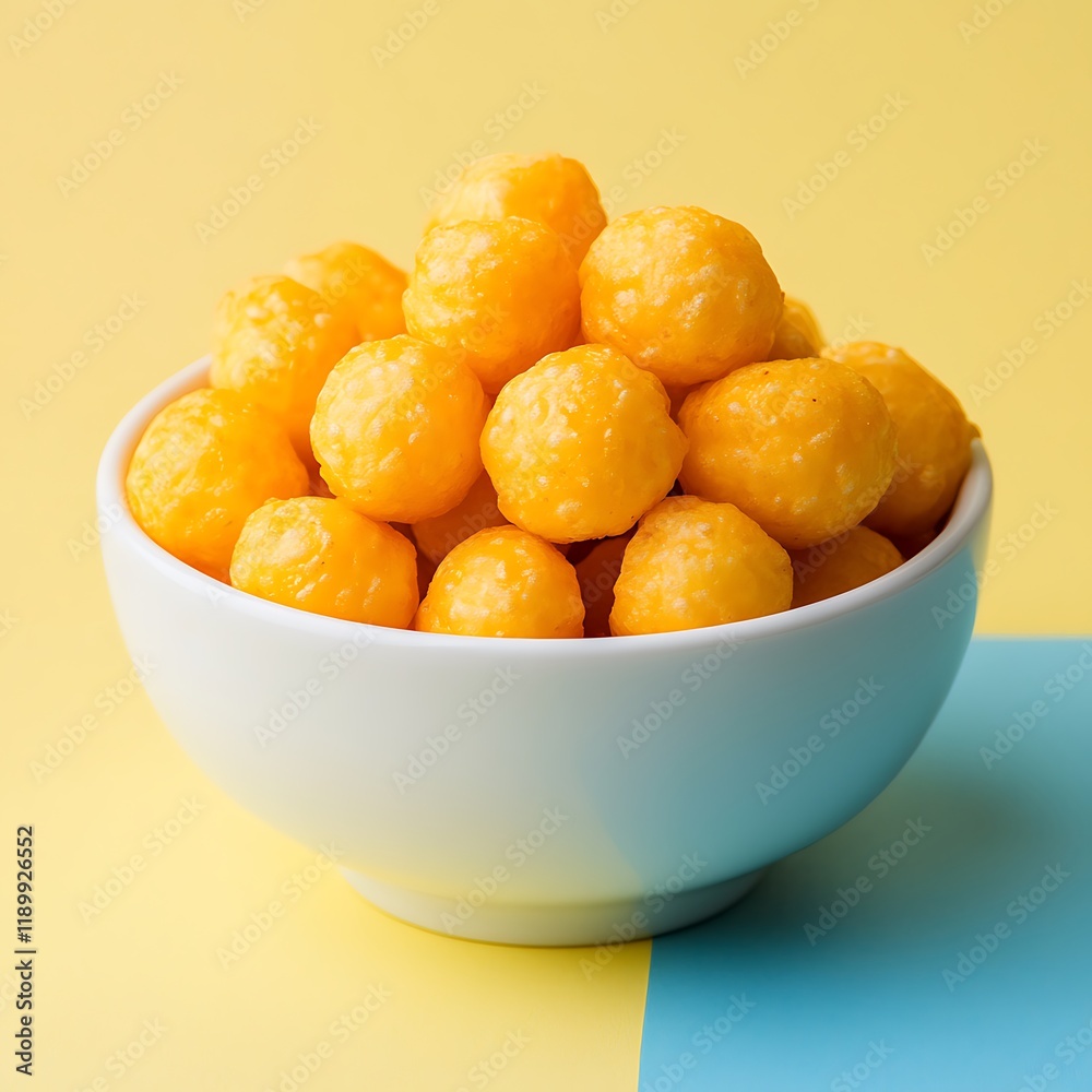 Cheese Potato Puff Ball Snacks in a bowl on a blue and yellow background. Cheese Potato Puff Ball Snacks in a bowl on a blue and yellow background.