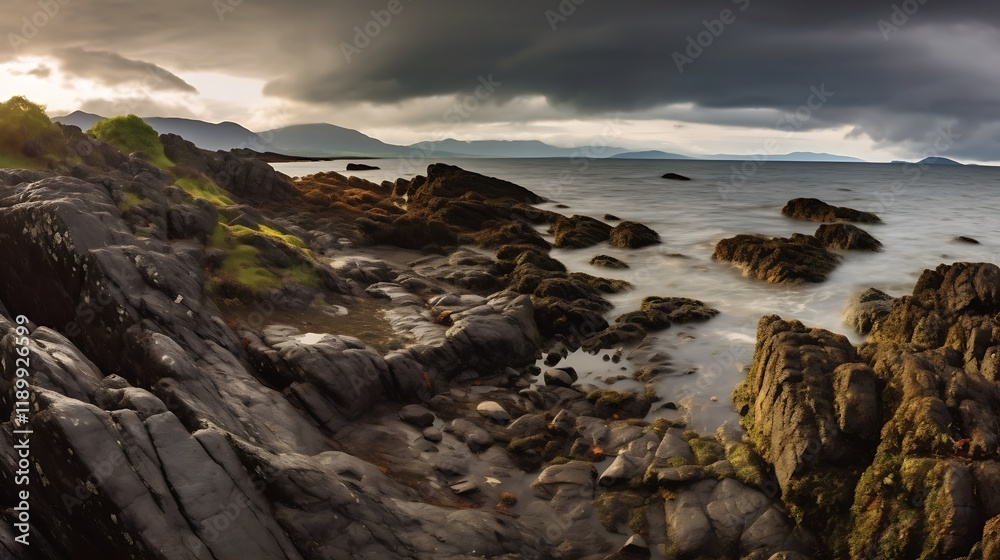 Rocky Coastline Under Dramatic Cloudy Sky Mountains Rocky Coastline Under Dramatic Cloudy Sky Mountains