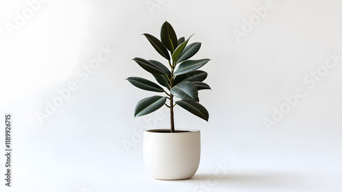 A young rubber plant in a minimalist off-white pot, set against a clean white background.