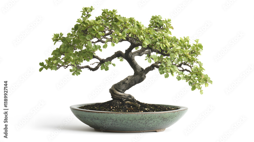 A meticulously crafted bonsai tree, showcasing its intricate branches and vibrant green leaves, sits elegantly in a rustic green ceramic pot against a stark white background.