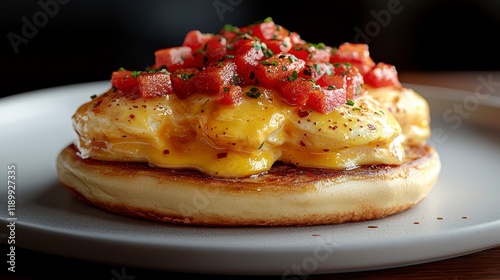 Delicious eggs benedict on a fluffy pancake, topped with diced tomatoes and herbs. photo