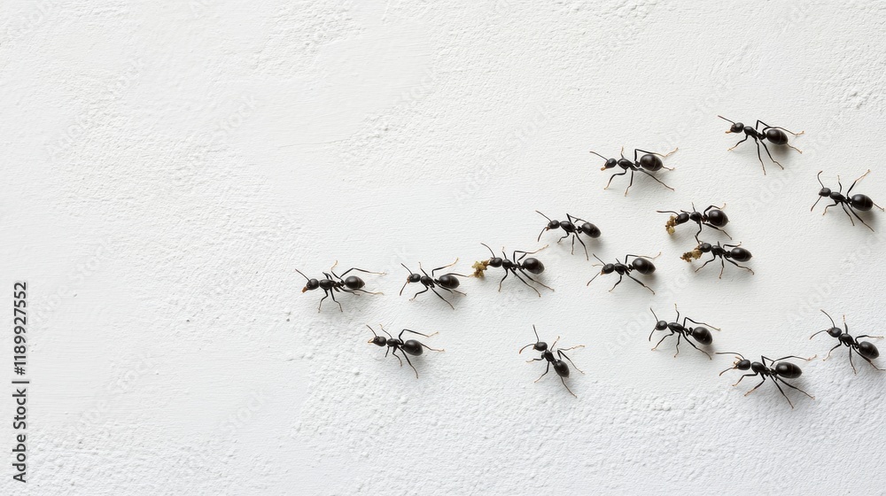 Fototapeta premium Group of Black Ants Crawling on White Surface in Natural Habitat