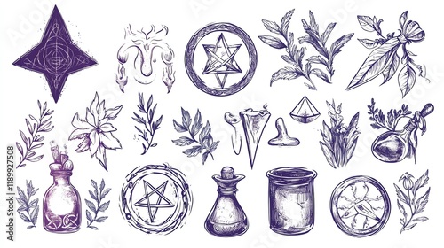 A vector set of magical witchcraft symbols, including spell circles, potions, and enchanted herbs, handdrawn with fine lines, perfect for card designs and tattoos