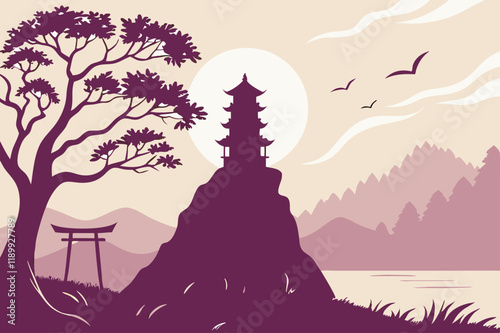 Japanese Pagoda Sunset Silhouette: Zen Landscape Vector Illustration.