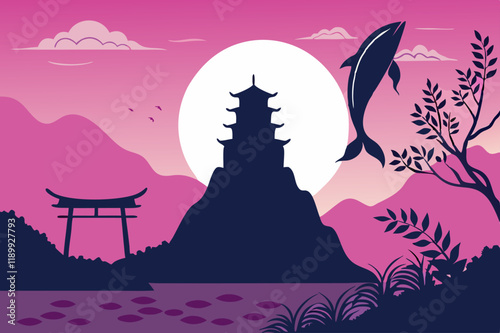 Japanese Sunset Pagoda Landscape: Peaceful Vector Illustration - Dolphin, Torii Gate.