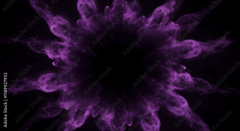 Obraz premium Smoke exploding outward from circular empty center, dramatic smoke or fog effect with purple scary glowing for spooky Halloween background. 