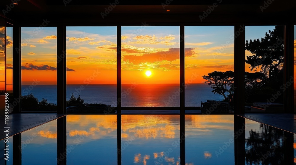 Fototapeta premium Sunset view from indoor pool.