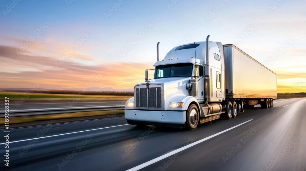 A modern truck drives along a highway at sunset, showcasing its powerful design and the open road ahead. A modern truck drives along a highway at sunset, showcasing its powerful design and the open road ahead.