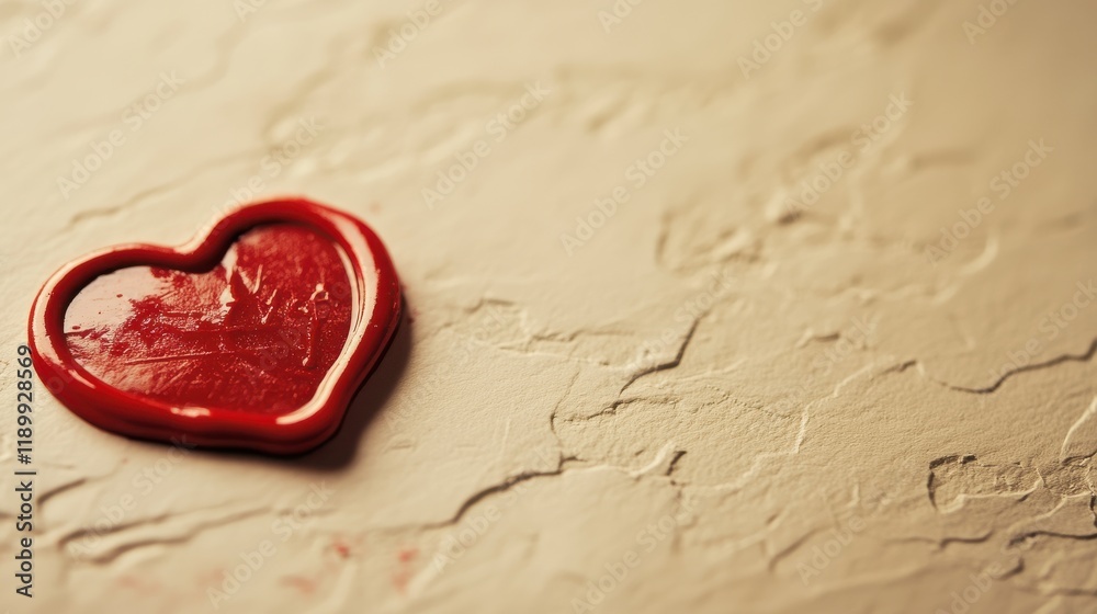 Fototapeta premium Red Heart Wax Seal on Textured Beige Background for Decorative Use