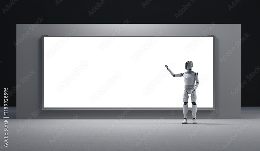 Humanoid robot or ai cyborg with blank white led advertising board Humanoid robot or ai cyborg with blank white led advertising board