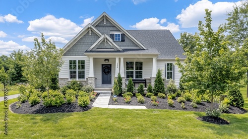 A charming house with a well-manicured garden under a bright blue sky.