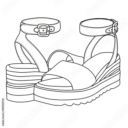Women's Espadrille Wedge Sandals With Buckle Ankle Strap Open Toe line art, Technical sketch hand drawing outline vector doodle front and rear view isolated on white background for coloring page