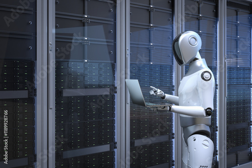 Obraz na płótnie Automation server with humanoid robot working in server room