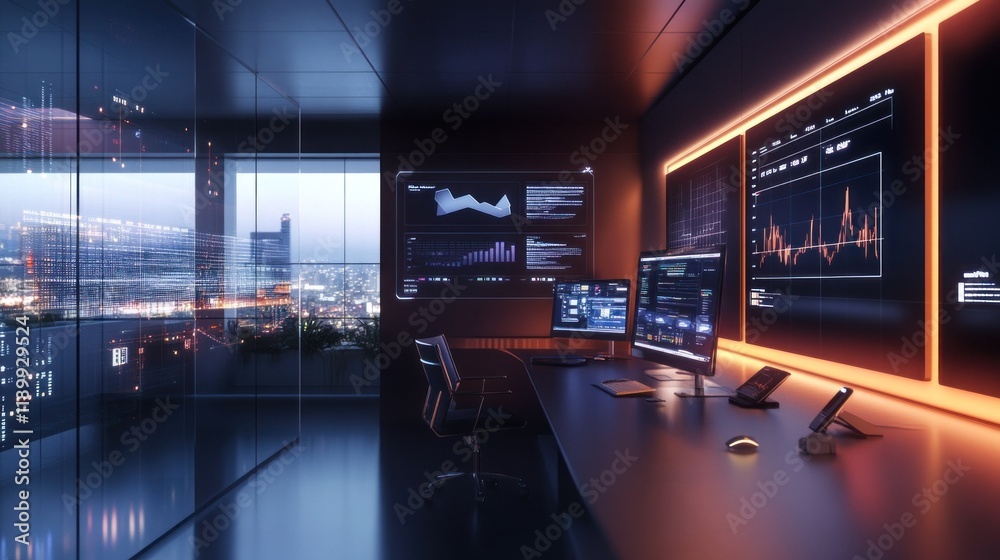 Fototapeta premium Futuristic office with city view, displays showing data analytics and graphs.