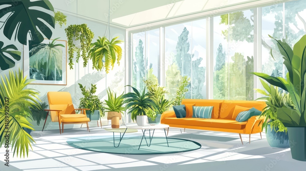 Fototapeta premium Sunlit living room with yellow sofa, plants, and large windows.