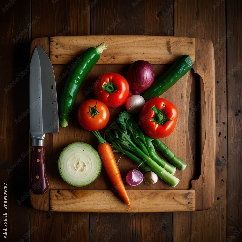 Artistic arrangement of spices and vegetables on rustic wooden table Artistic arrangement of spices and vegetables on rustic wooden table