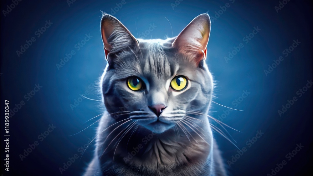 Gray Cat Portrait, Blue Background, White Light, Pet Photography, Animal Portrait, Feline Photography, Studio Lighting, Elegant Cat Gray Cat Portrait, Blue Background, White Light, Pet Photography, Animal Portrait, Feline Photography, Studio Lighting, Elegant Cat