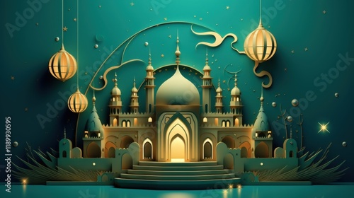 Luminous Mosque: A Festive Ramadan Night Scene with Intricate Paper Art Design and Golden Accents