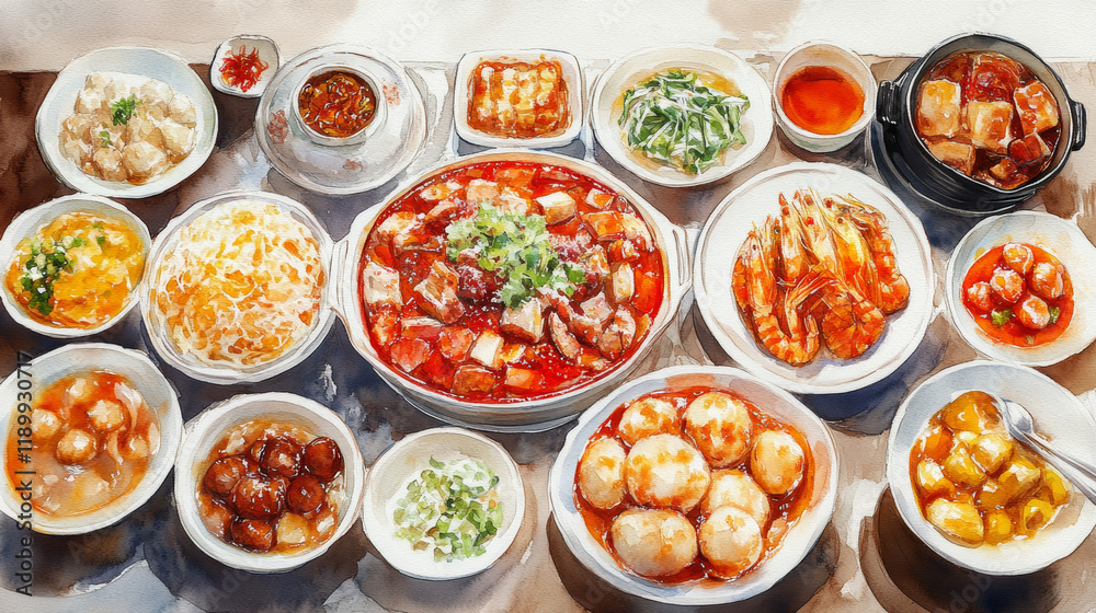 vibrant watercolor painting of diverse spread of delicious dishes, showcasing various textures and colors. for Chinese New Year vibrant watercolor painting of diverse spread of delicious dishes, showcasing various textures and colors. for Chinese New Year