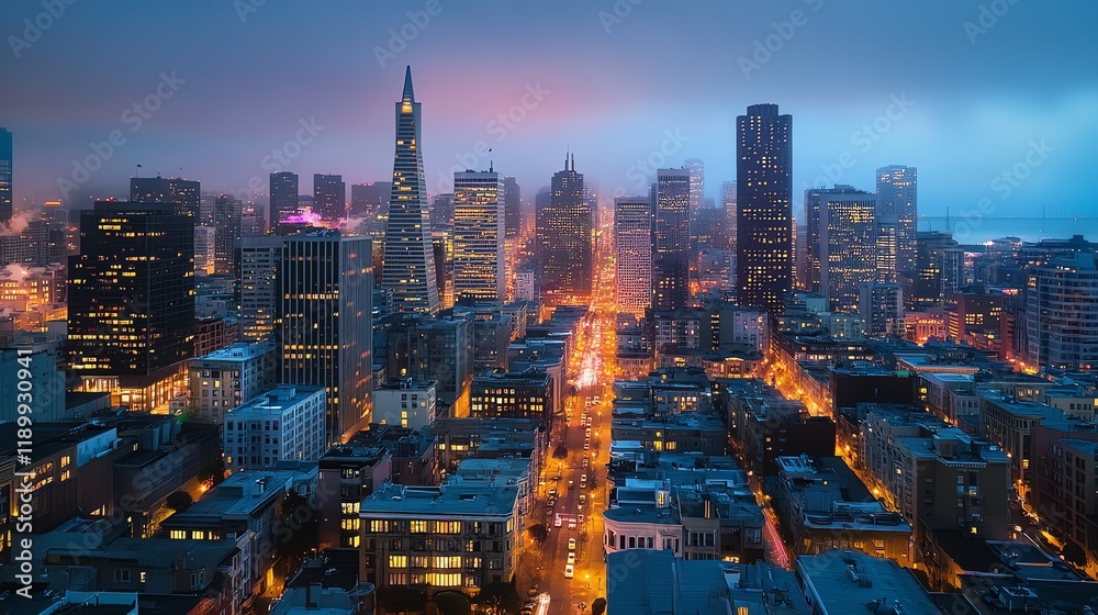 Fototapeta premium A visually powerful cityscape at dusk with lights dimmed across buildings