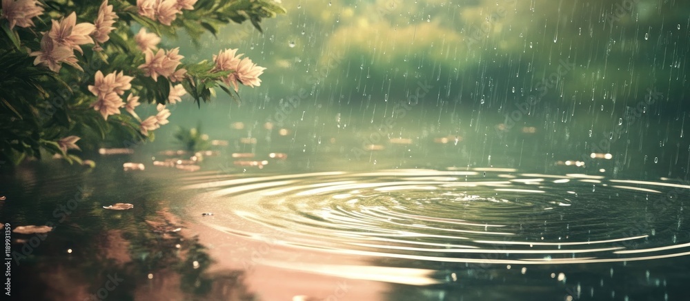 Fototapeta premium Rain drops on calm water with flowers.