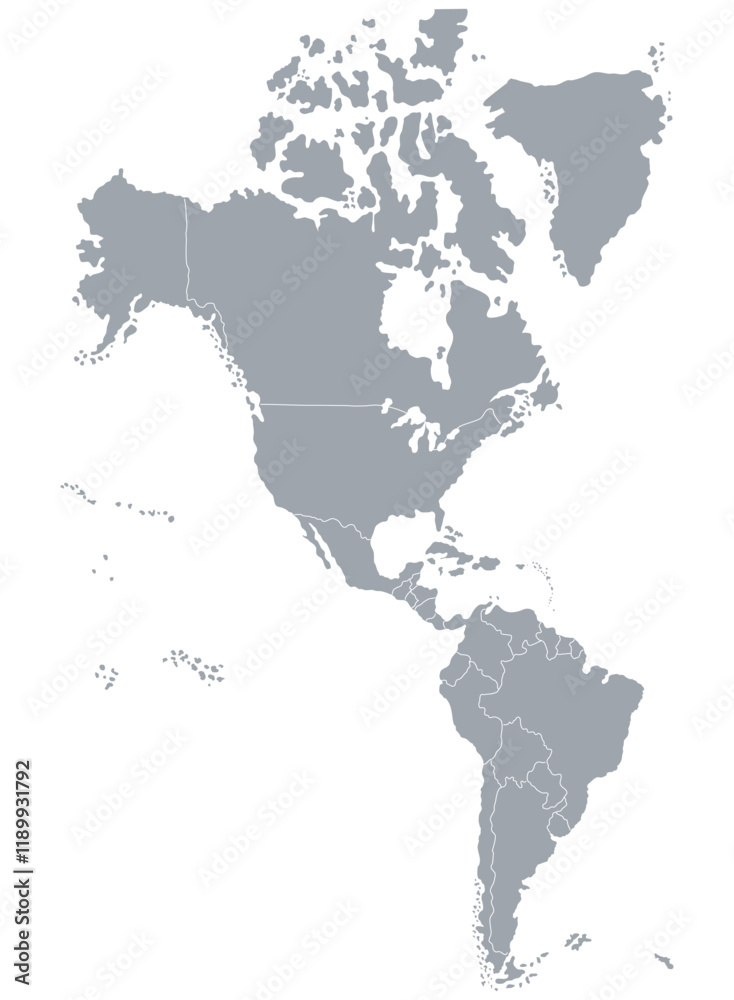 Map of the American continent or America, with political division in black and white, for school purposes and to study without names Map of the American continent or America, with political division in black and white, for school purposes and to study without names